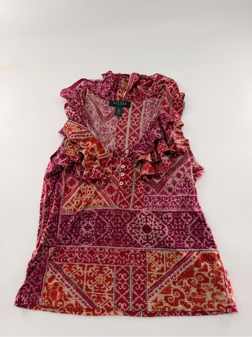 LAUREN Ralph Lauren Petites Sleeveless Top Orange Pink Ruffles Medium Patchwork